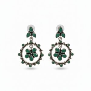 Chimes Green and Silver-Toned Floral Oxidized Drop Earrings
