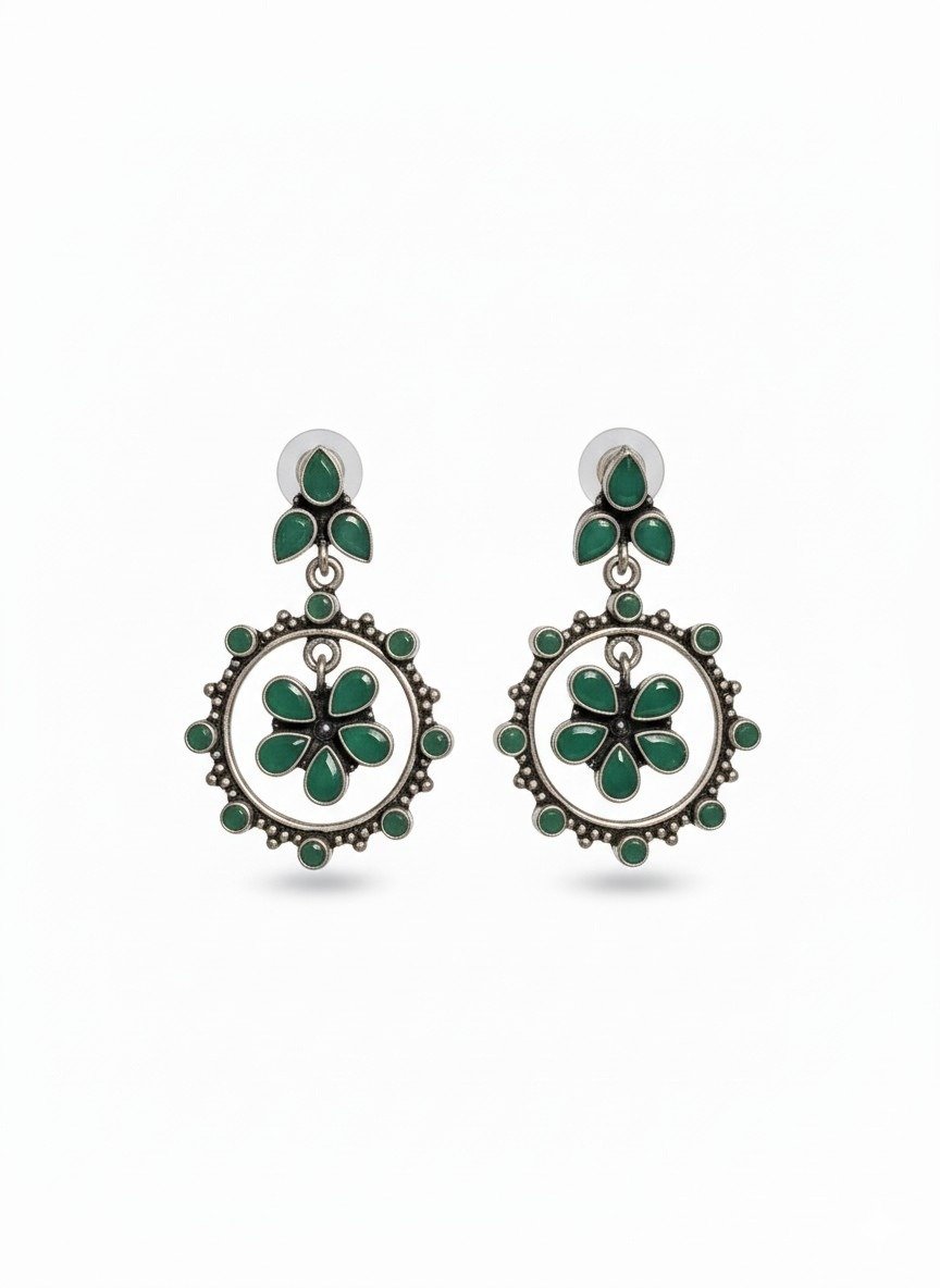 Chimes Green and Silver-Toned Floral Oxidized Drop Earrings