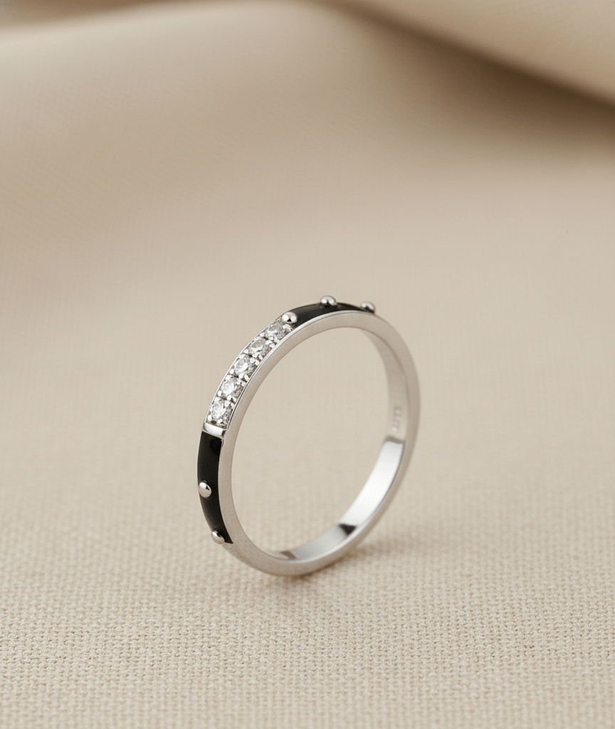 Silver Black Enamel Stacking Ring