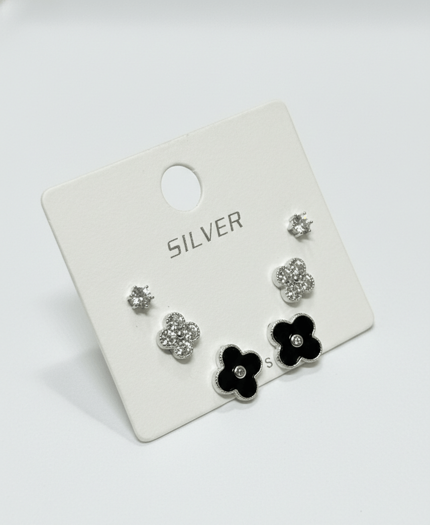 Crystal Solitaire, Crystal Pavé Flower, and Black Enamel Flower Silver Stud Earrings