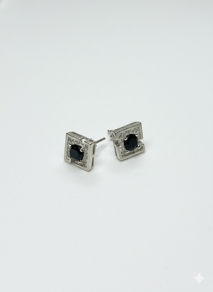 White Halo Princess Cut Black Stone Stud Earrings